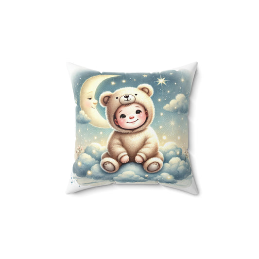 Dreamy Bear Kid's Pillow, Whimsical Nursery Decor, Soft Square Cushion, Cute